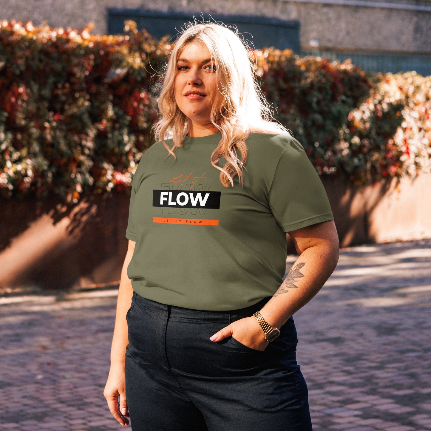 Let it flow t-shirt on a woman.