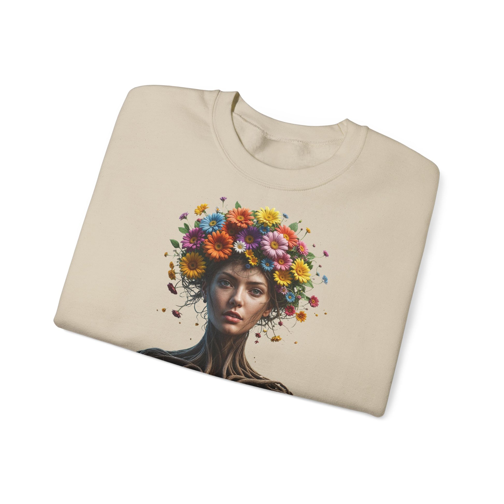 Woman with flowers sweatshirt.