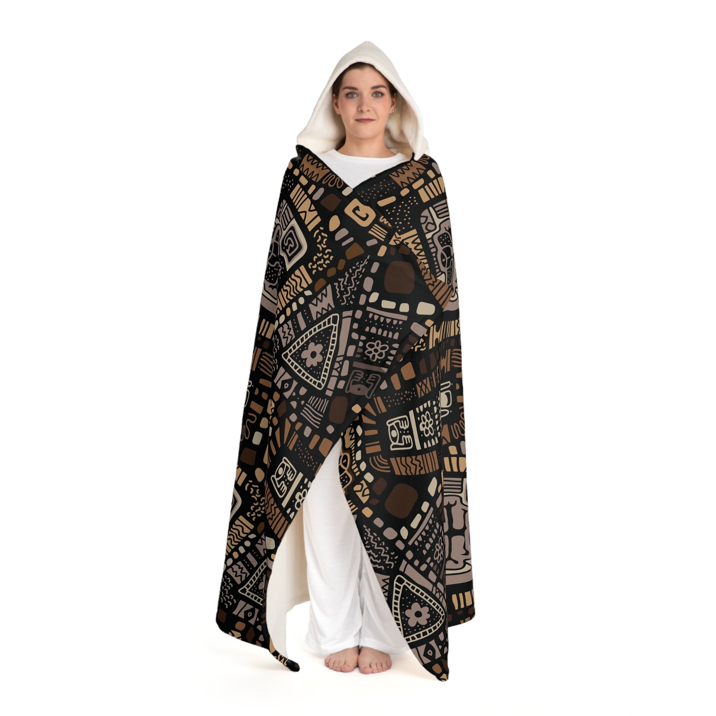 Hooded sherpa blanket brown patterns.