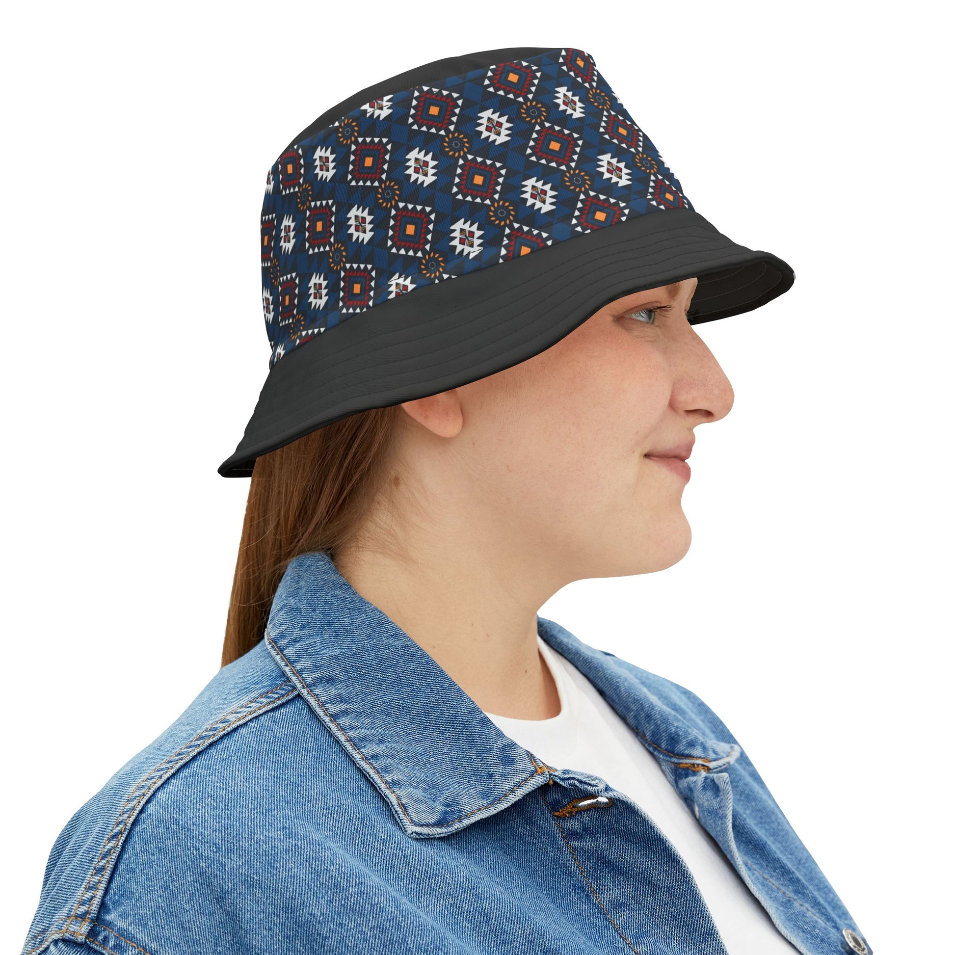 A blue bucket hat on a woman.