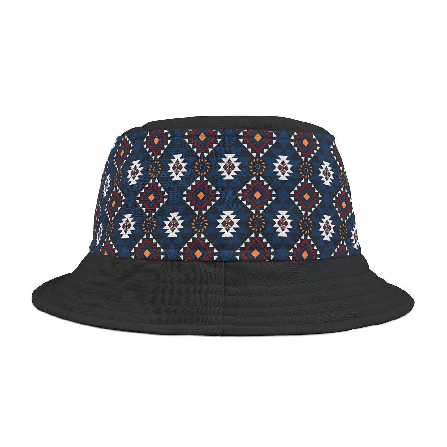 A b,lue bucket hat with print.