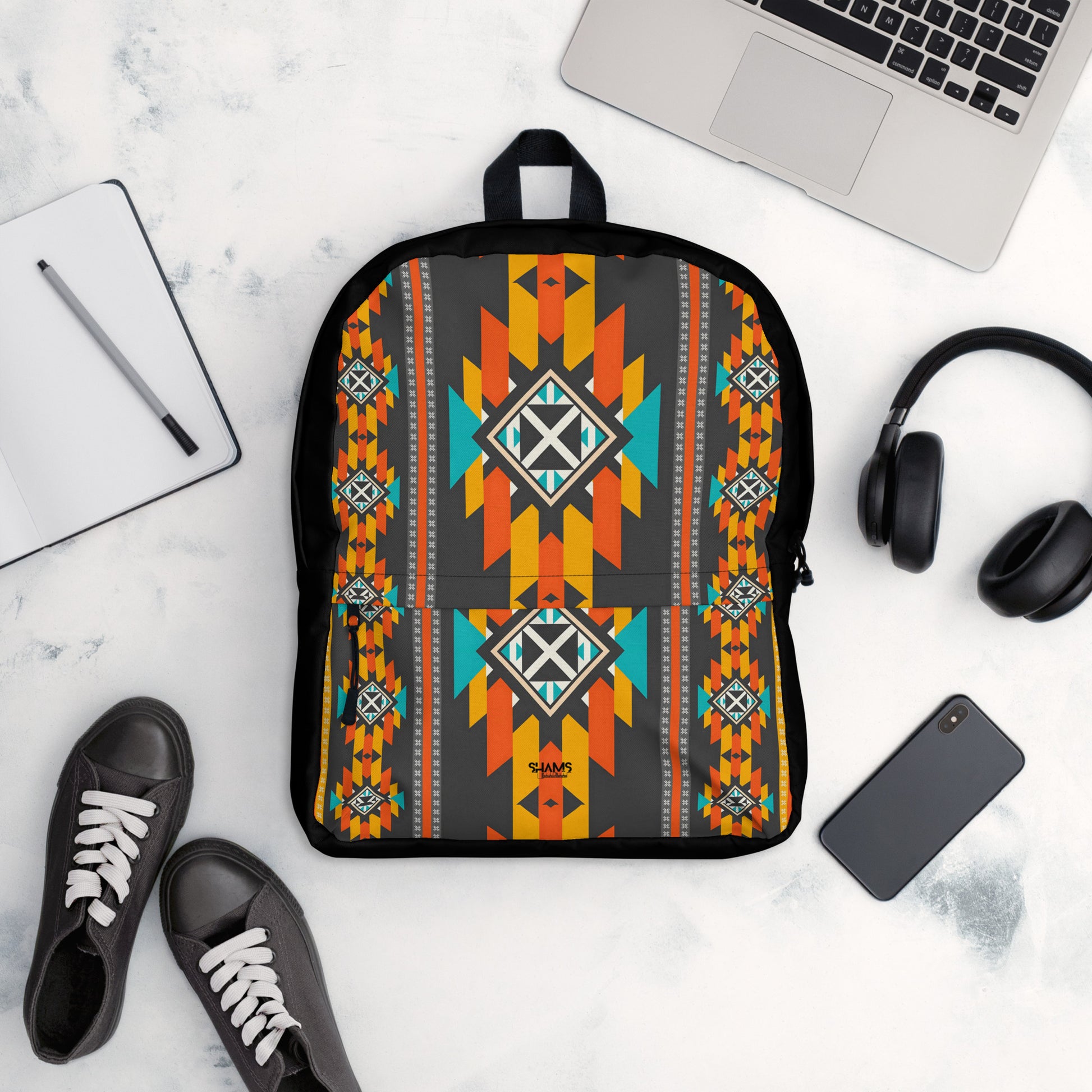 Backpack with colorful patterns.